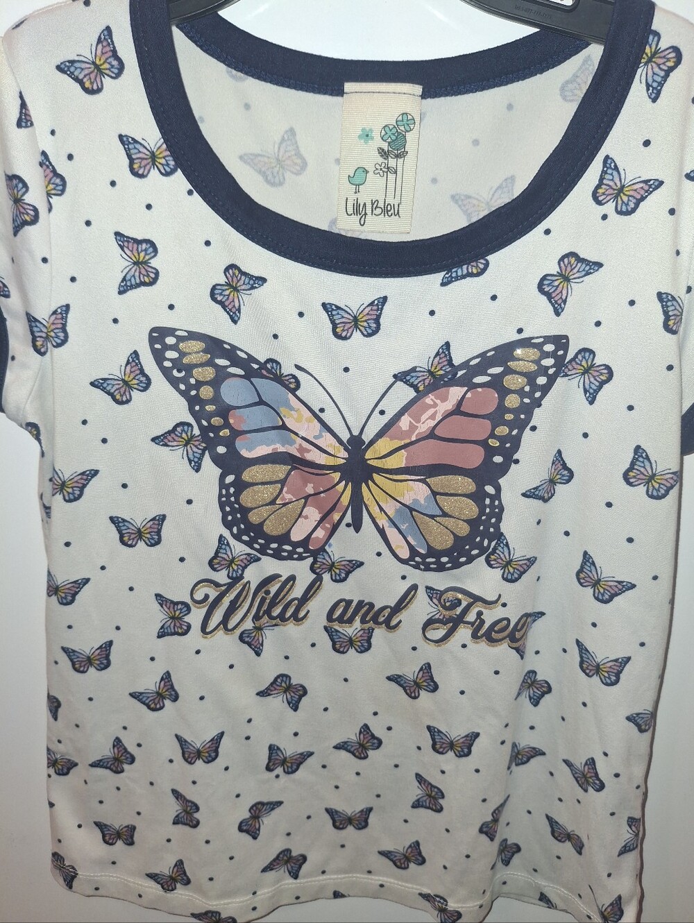 Lily Bleu White Tee with Navy Trim and Multicolor Butterfly
